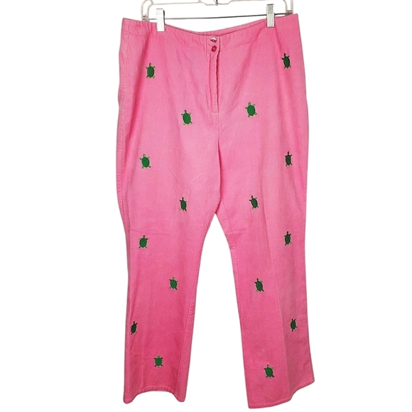 CJ Laing Women's Corduroy Pants. Pink w/ Green Turtle Embroidery. 12 - Picture 1 of 12